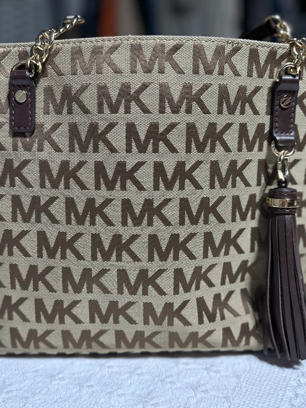 Michael Kors Signature MK Jacquard Chain Tote Brown Beige Tassel Shoulder Bag